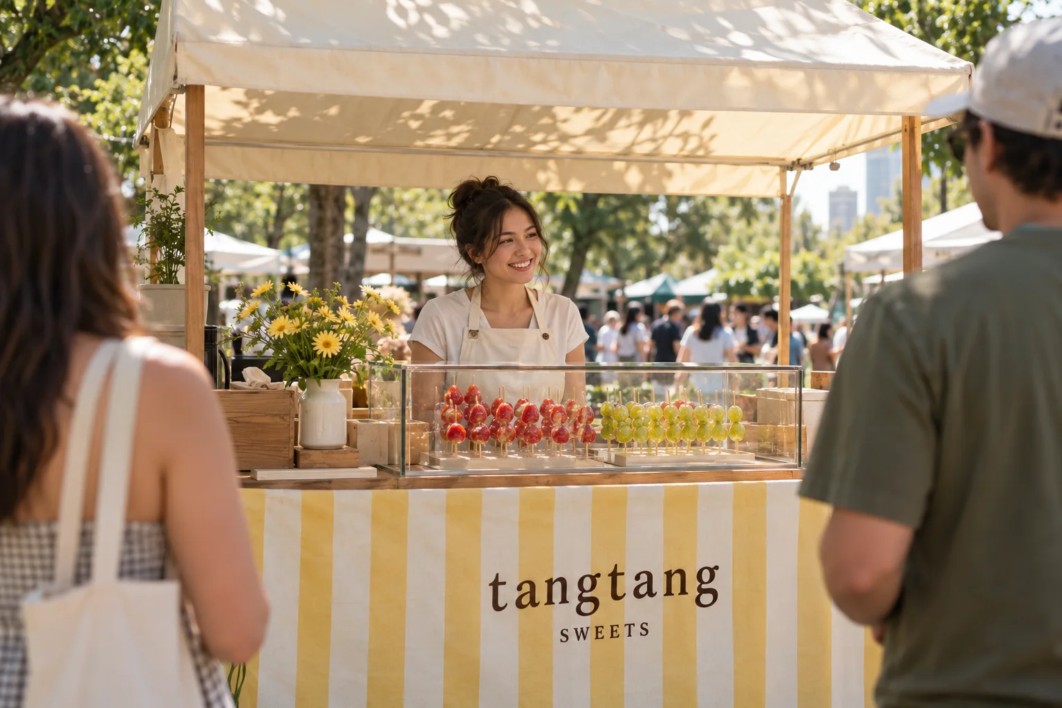 Concept for a TangTang Sweets festival stall with a cream canopy, yellow striped counter and fruit tanghulu display