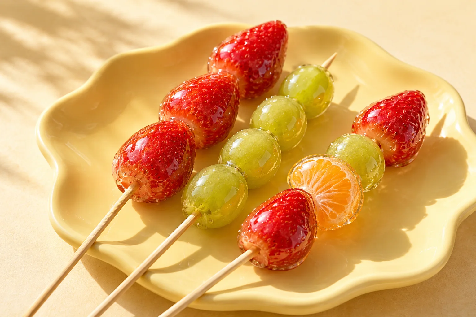 Strawberry, green grape and mixed fruit tanghulu with glistening candy shells on a butter-yellow plate
