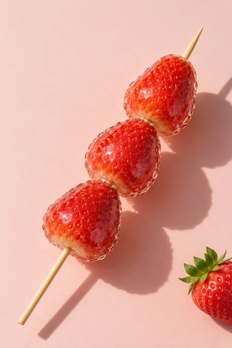 Three candy-coated strawberries on a bamboo skewer against a soft pink background